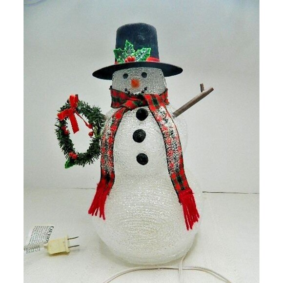 Vintage 13" Light Up Snowman w/Top Hat & Wreath  Stick Arms & Scarf - Picture 1 of 12